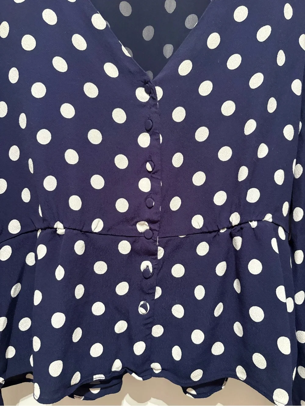 Women’s J. Crew long sleeve peplum top polka dots, button, side zip size 14